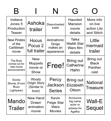 D23 Movies & TV Bingo Card