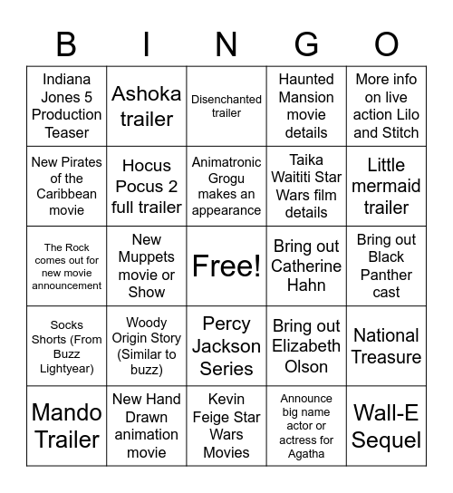 D23 Movies & TV Bingo Card