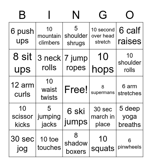 Jeffcoat's Fitness Bingo Card