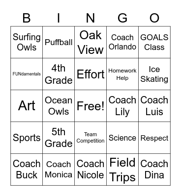 GOALS BINGO Card