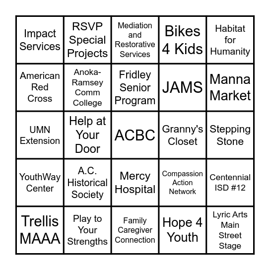 RSVP Volunteer Station Bingo Card