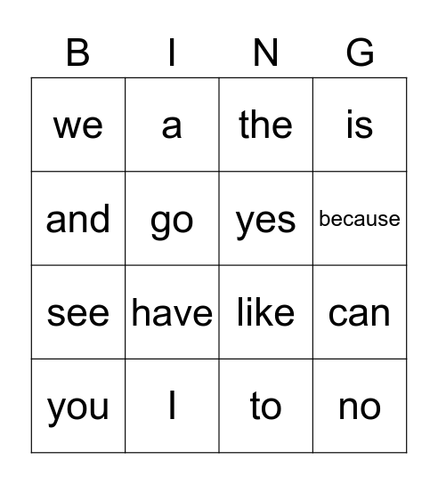 Sight Word Bingo Card