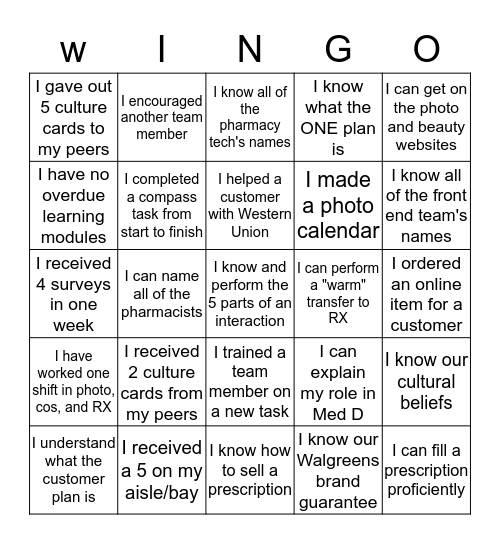 Walgreens  Bingo Card