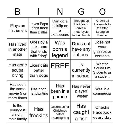 Youth Leader Bingo Card