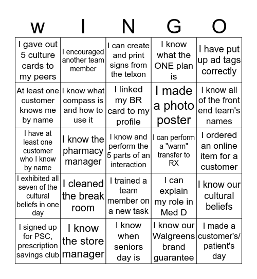 Walgreens  Bingo Card