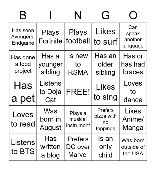 7th Grade Human Bingo Card