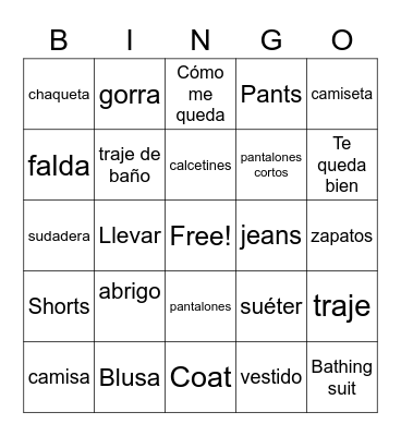 Spanish Vocab Bingo Card