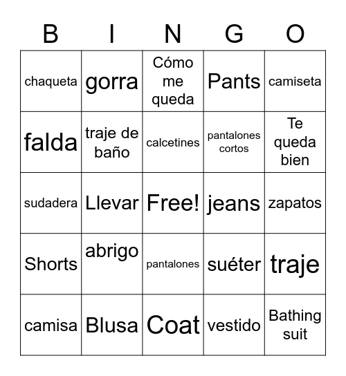 Spanish Vocab Bingo Card