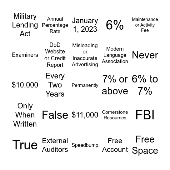 Compliance Bingo Card