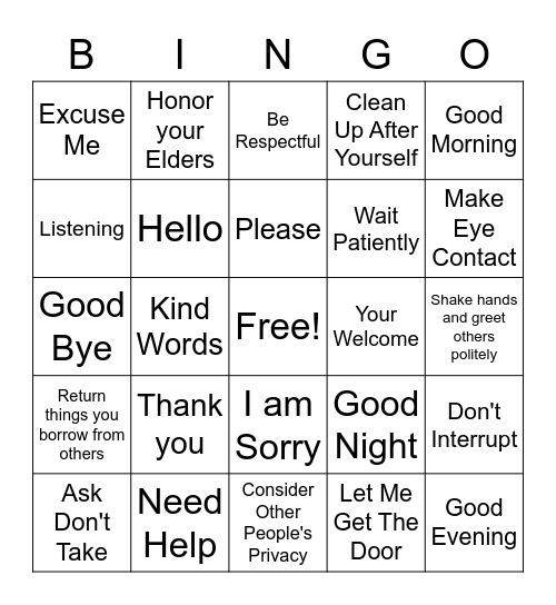 Manners Bingo Card