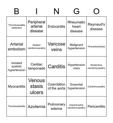 Cardiovasular Disorders Bingo Card