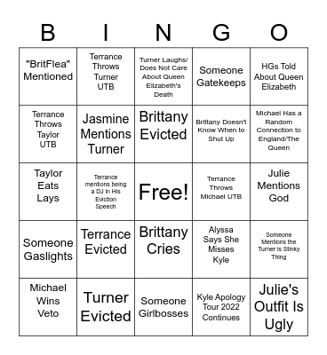 Big Brother Double Eviction Bingo Card
