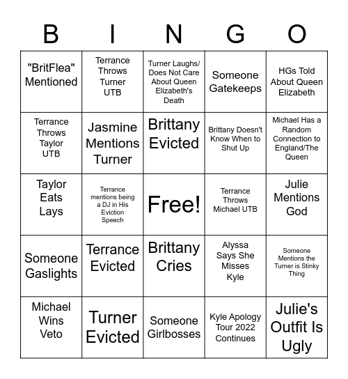 Big Brother Double Eviction Bingo Card