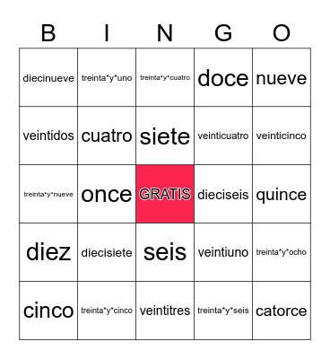 Numeros cero al treinta y nueve Bingo Card