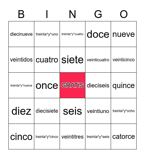 Numeros cero al treinta y nueve Bingo Card