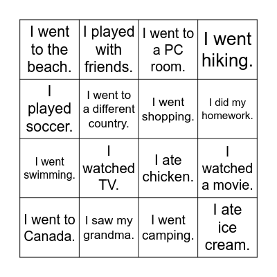 Vacation Bingo Card