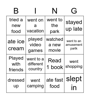 Summer Vacation Bingo Card