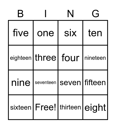 Number Names 1-20 Bingo Card