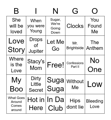 Summer Hits of 00's Bingo Card