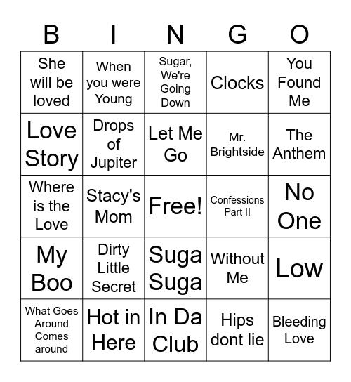 Summer Hits of 00's Bingo Card