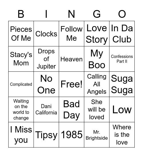 Summer Hits of 00's Bingo Card