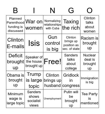 Democratic Debate Bingo Card