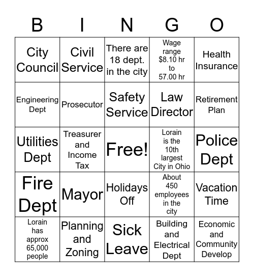 City Worker Bingo Card