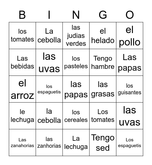 Spanish Vocabulary Words Bingo Card