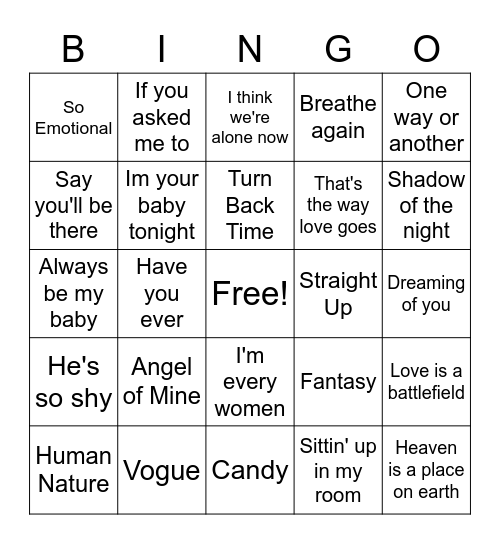 Divas of the 80's & 90's Bingo Card