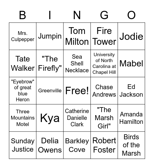 Where the Crawdads Sing Bingo Card