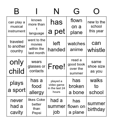 Classmate Bingo Card