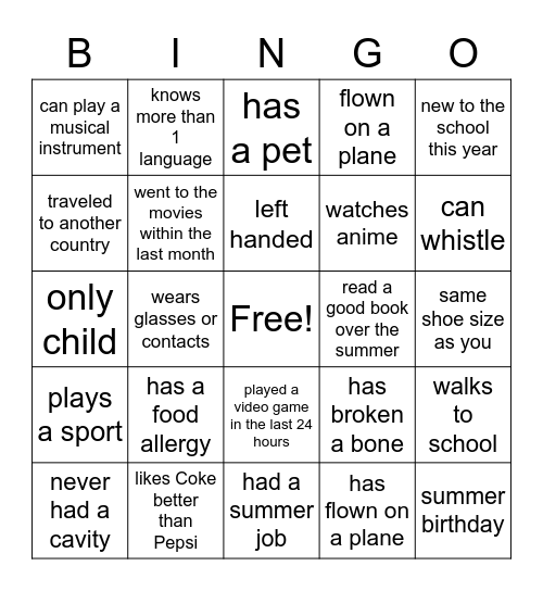 Classmate Bingo Card