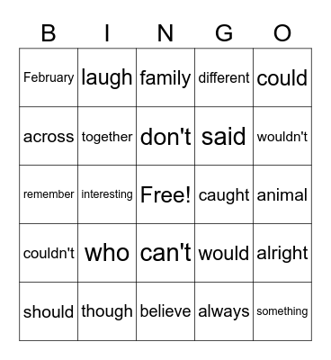 Tricky Words Bingo Card