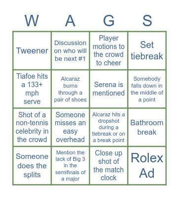 Alcaraz v Tiafoe - US Open 2022 Bingo Card