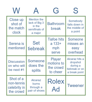 Alcaraz v Tiafoe - US Open 2022 Bingo Card