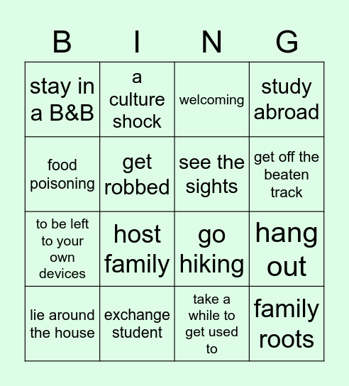 Vocabulary revision Bingo Card