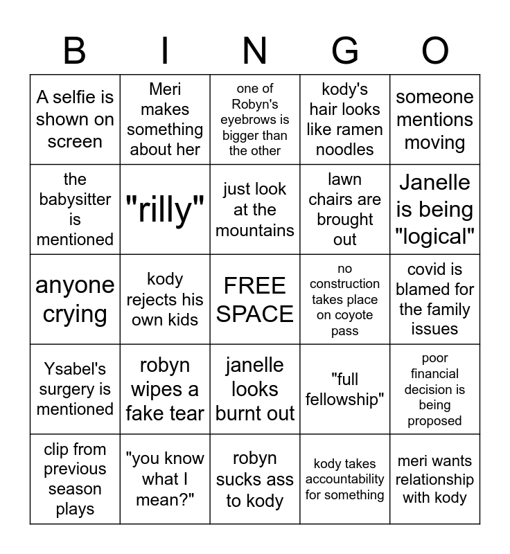 Sister Wives Bingo Card