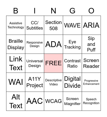 Web Accessibility/Assistive Technology Bingo Card
