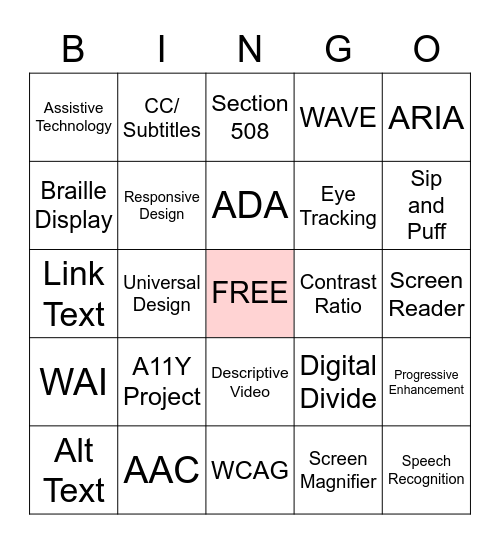 Web Accessibility/Assistive Technology Bingo Card