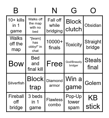 Bed Wars bingo Card