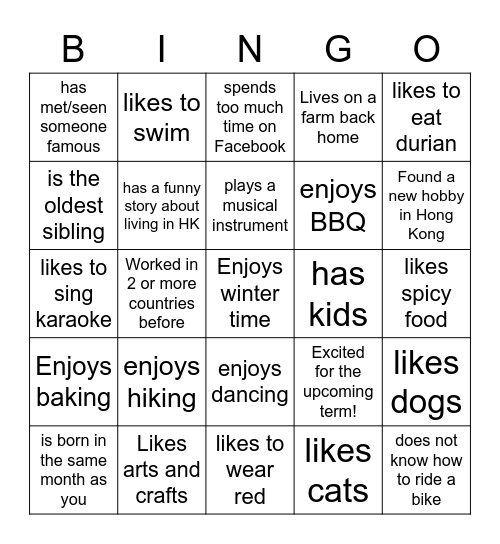 Orientation Bingo Card