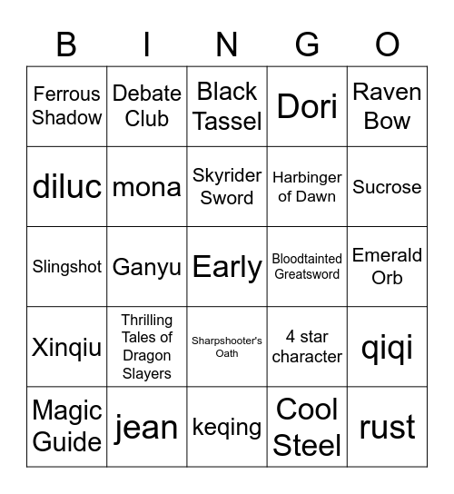 Genshin Wish Bingo! Bingo Card