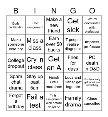Fall Semester 2022 Bingo Card