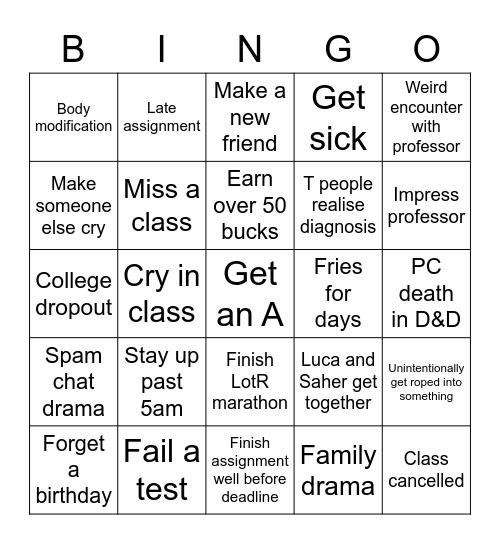 Fall Semester 2022 Bingo Card