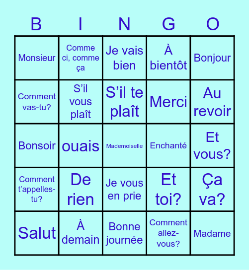 1A Vocabulaire (en français) Bingo Card