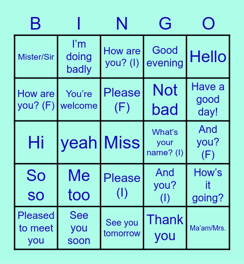 1A Vocabulaire (en anglais) Bingo Card
