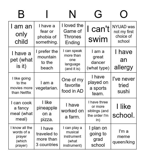 Diversity Bingo Card