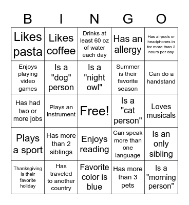 Find a Classmate Bingo Card