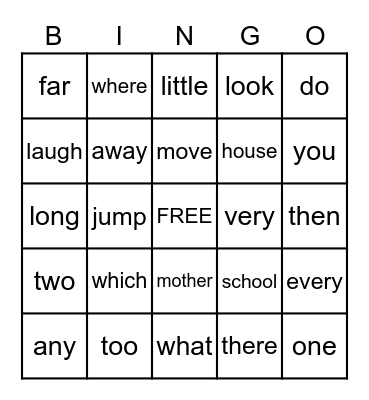 Sight Word Bingo Card