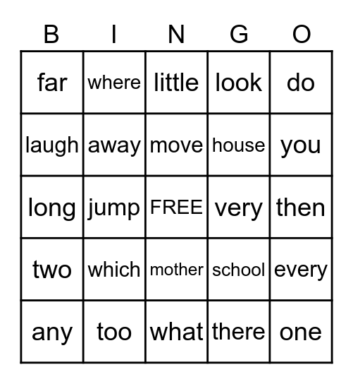 Sight Word Bingo Card